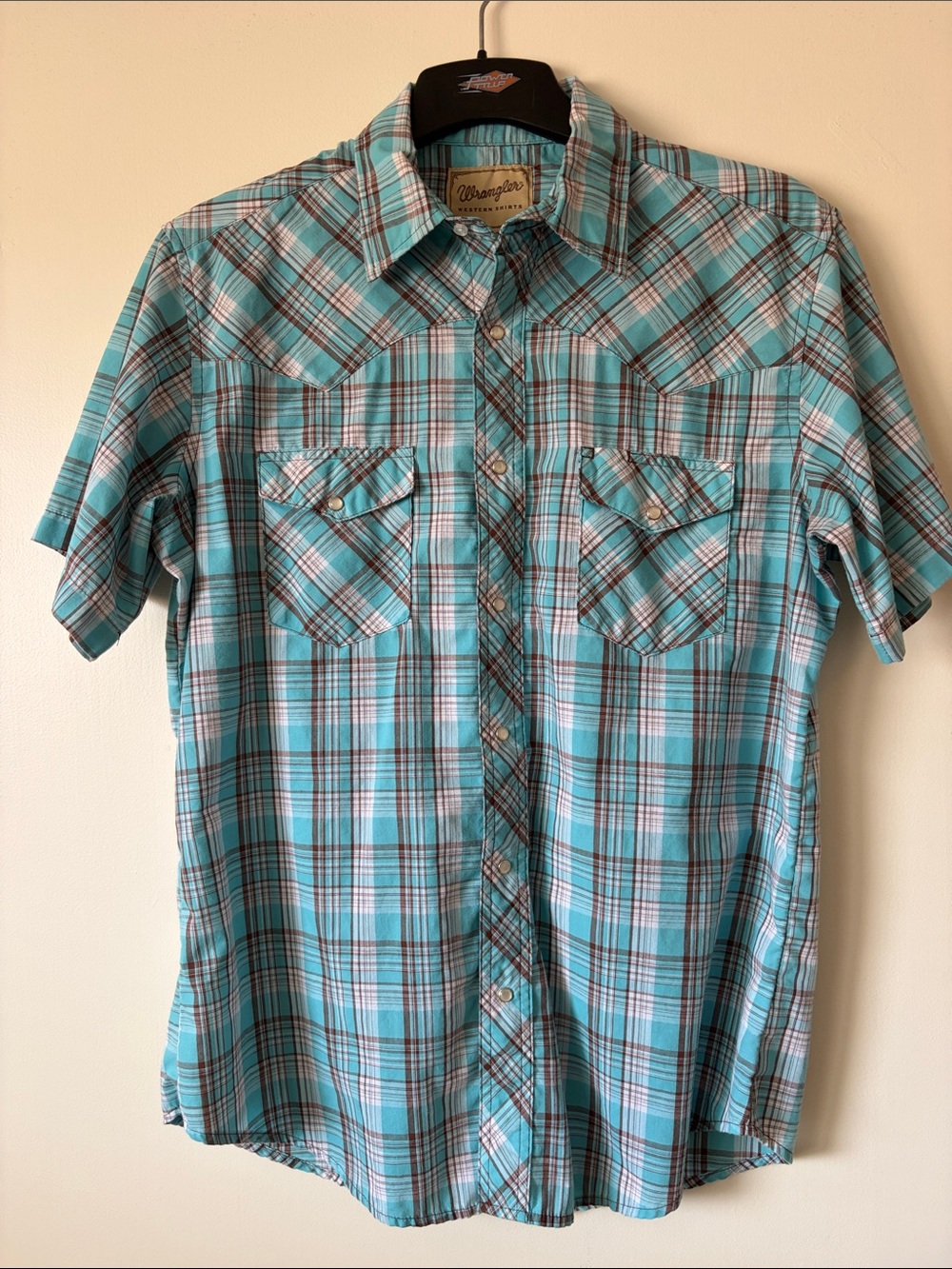 Wrangler Turquoise and Brown Plaid Short Sleeve Button-Down Shirt